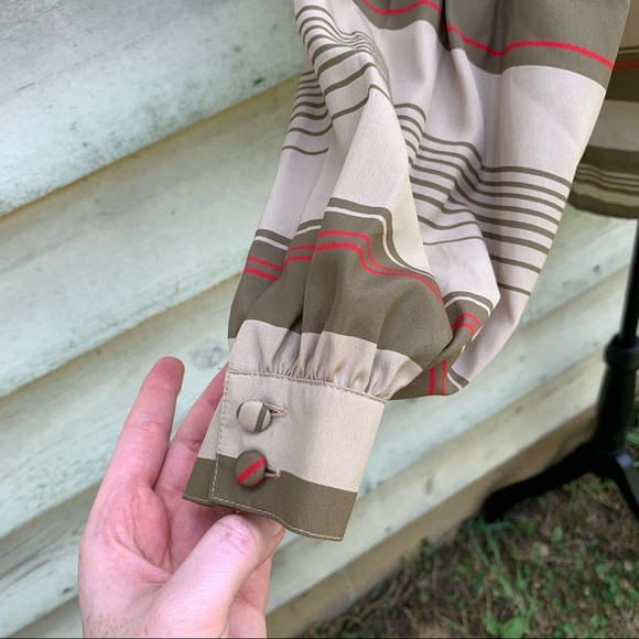 Vintage 80s Tan Striped Boat Neck Collarless Long Sleeve Popover Semi Sheer Top - Picture 12 of 16